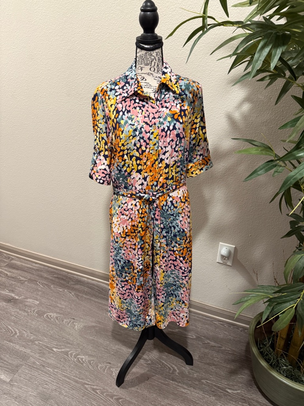 Abstract Floral Midi Shirt Dress in Pink, Yellow & Blue